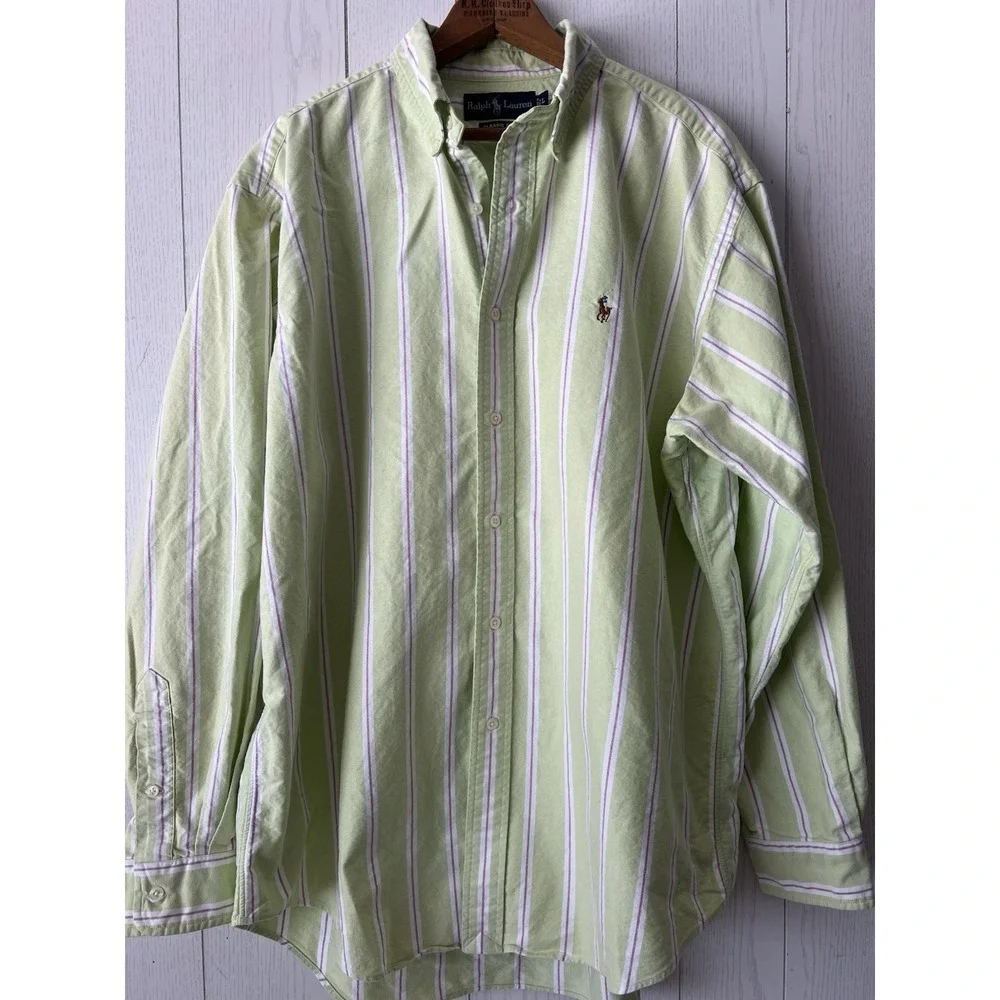 Ralph Lauren Shirt Mens L Green Stripe Oxford Classic Fit Button Down Flesh Pony